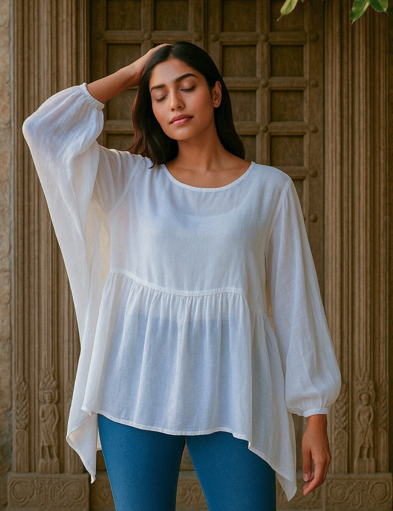 Ekaurr BIGDI Lina Cotton Top finest cotton summer top in a soft delicate pastel tone with a graceful relaxed silhouette, artisan slow fashion top for women from the BIGDI summer collection