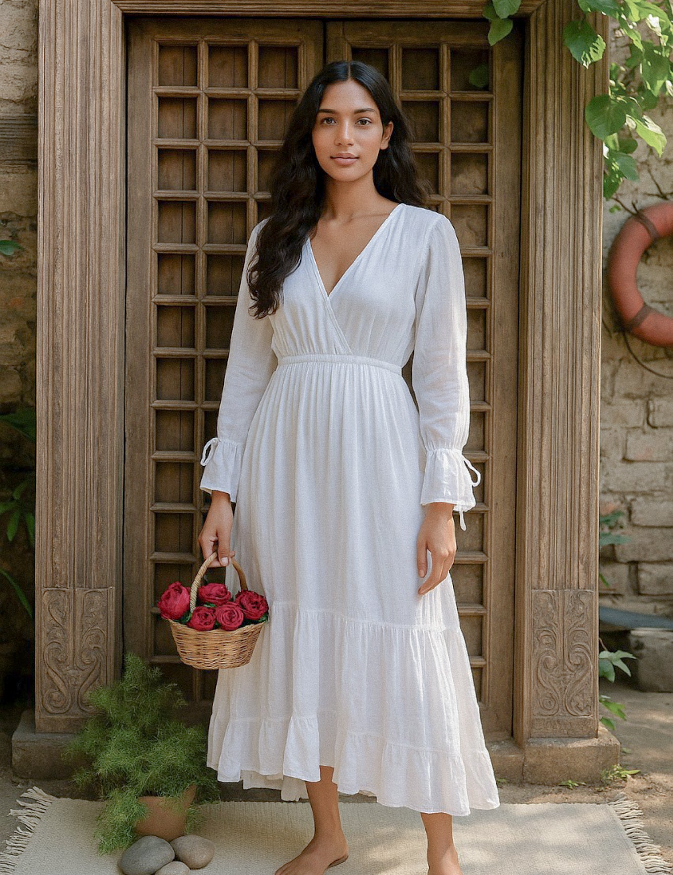 Ekaurr BIGDI Mehar Long Cotton Dress finest cotton summer maxi dress in a grace-inspired soft pastel tone with a relaxed flowing silhouette, artisan slow fashion wearable for women from the BIGDI summer pastel collection