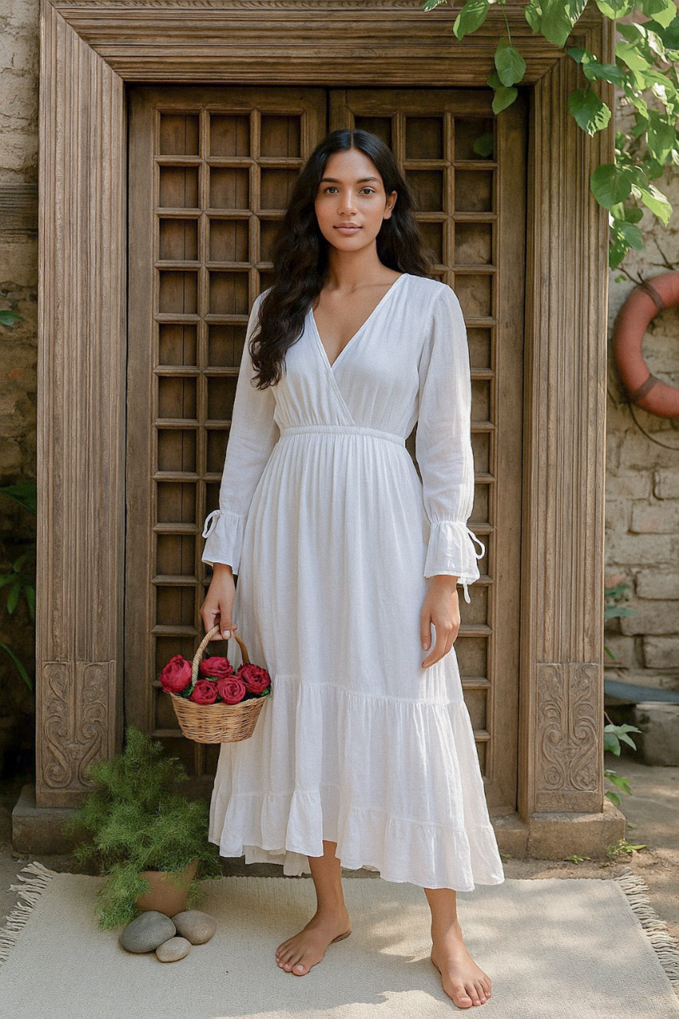 Ekaurr BIGDI Mehar Long Cotton Dress finest cotton summer maxi dress in a grace-inspired soft pastel tone with a relaxed flowing silhouette, artisan slow fashion wearable for women from the BIGDI summer pastel collection