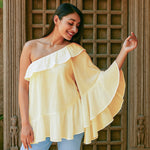 Ekaurr BIGDI Pakhi One Shoulder Cotton Top finest cotton summer top with a bird-light one-shoulder asymmetric neckline in soft pastel tones, artisan slow fashion top for women from the BIGDI summer collection