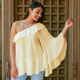 Ekaurr BIGDI Pakhi One Shoulder Cotton Top finest cotton summer top with a bird-light one-shoulder asymmetric neckline in soft pastel tones, artisan slow fashion top for women from the BIGDI summer collection
