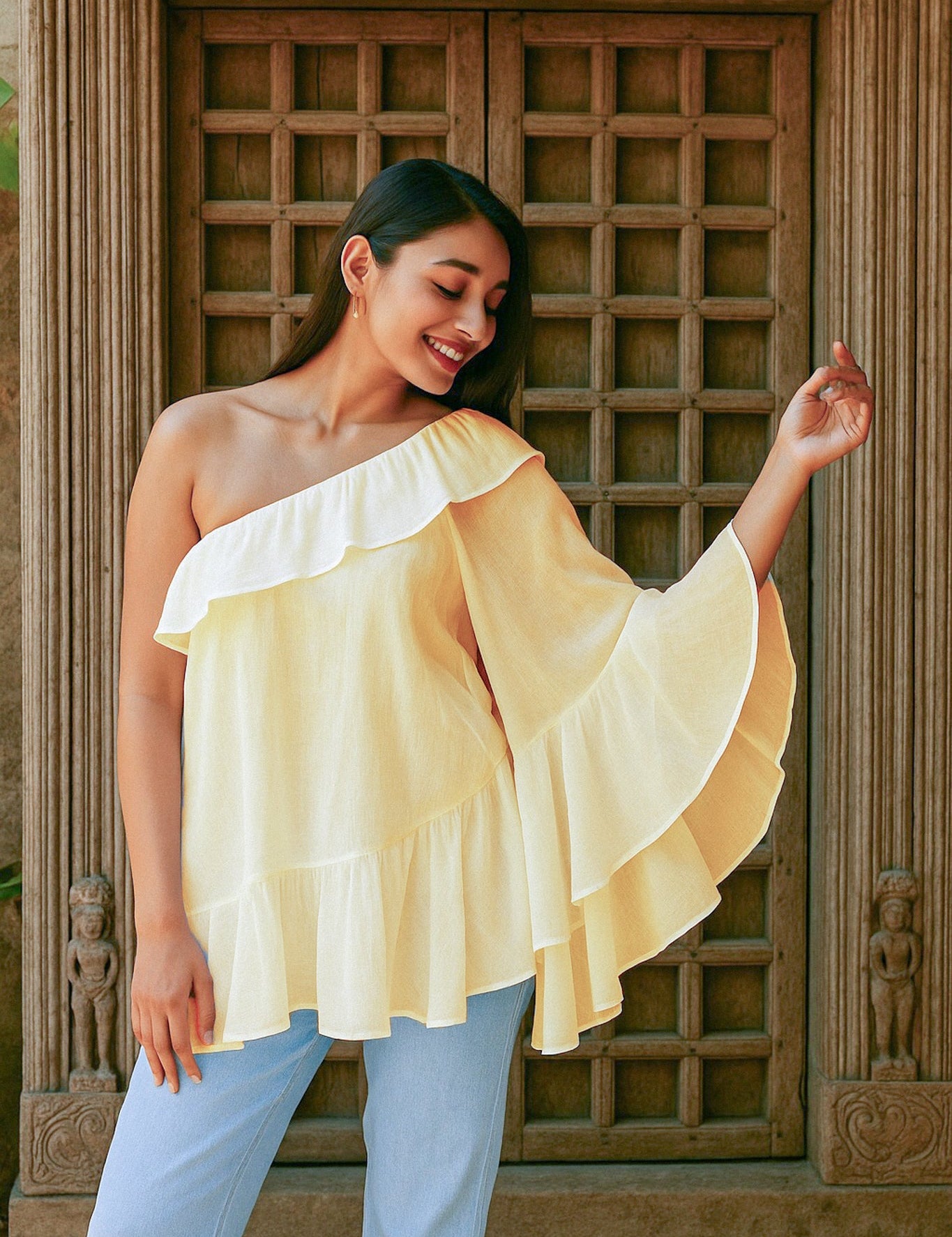 Ekaurr BIGDI Pakhi One Shoulder Cotton Top finest cotton summer top with a bird-light one-shoulder asymmetric neckline in soft pastel tones, artisan slow fashion top for women from the BIGDI summer collection