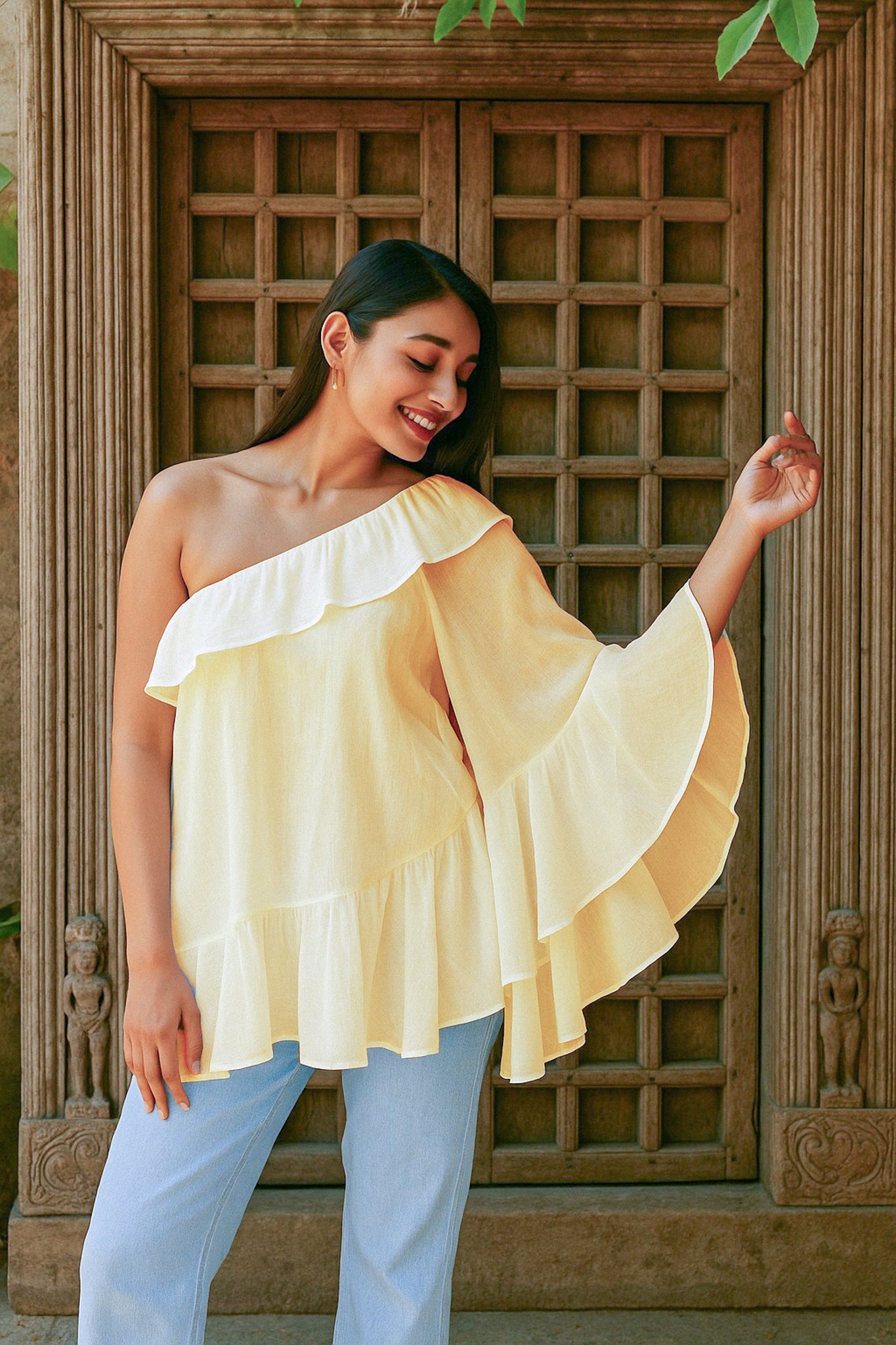 Ekaurr BIGDI Pakhi One Shoulder Cotton Top finest cotton summer top with a bird-light one-shoulder asymmetric neckline in soft pastel tones, artisan slow fashion top for women from the BIGDI summer collection