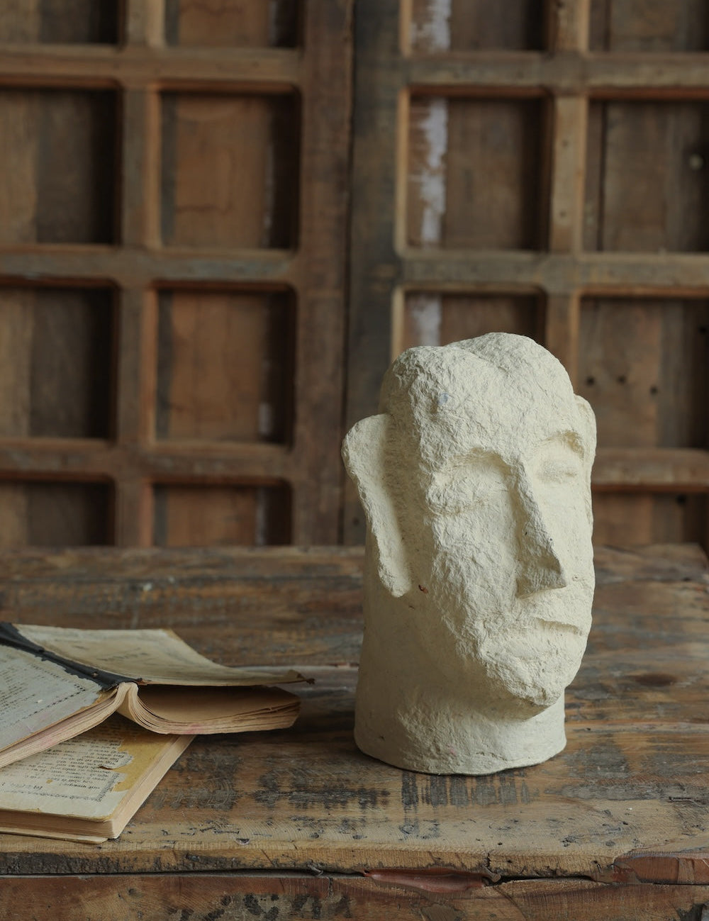 Ekaurr Paper Mache Face handcrafted paper mache sculptural face mask with earthy organic surface finish, artisan wall or shelf decor accent for contemporary and eclectic home interiors