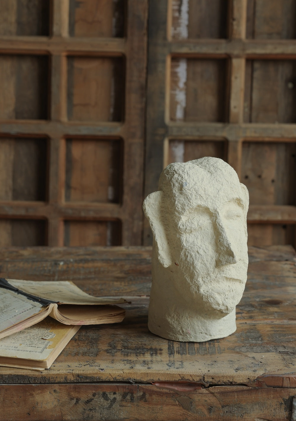 Ekaurr Paper Mache Face handcrafted paper mache sculptural face mask with earthy organic surface finish, artisan wall or shelf decor accent for contemporary and eclectic home interiors