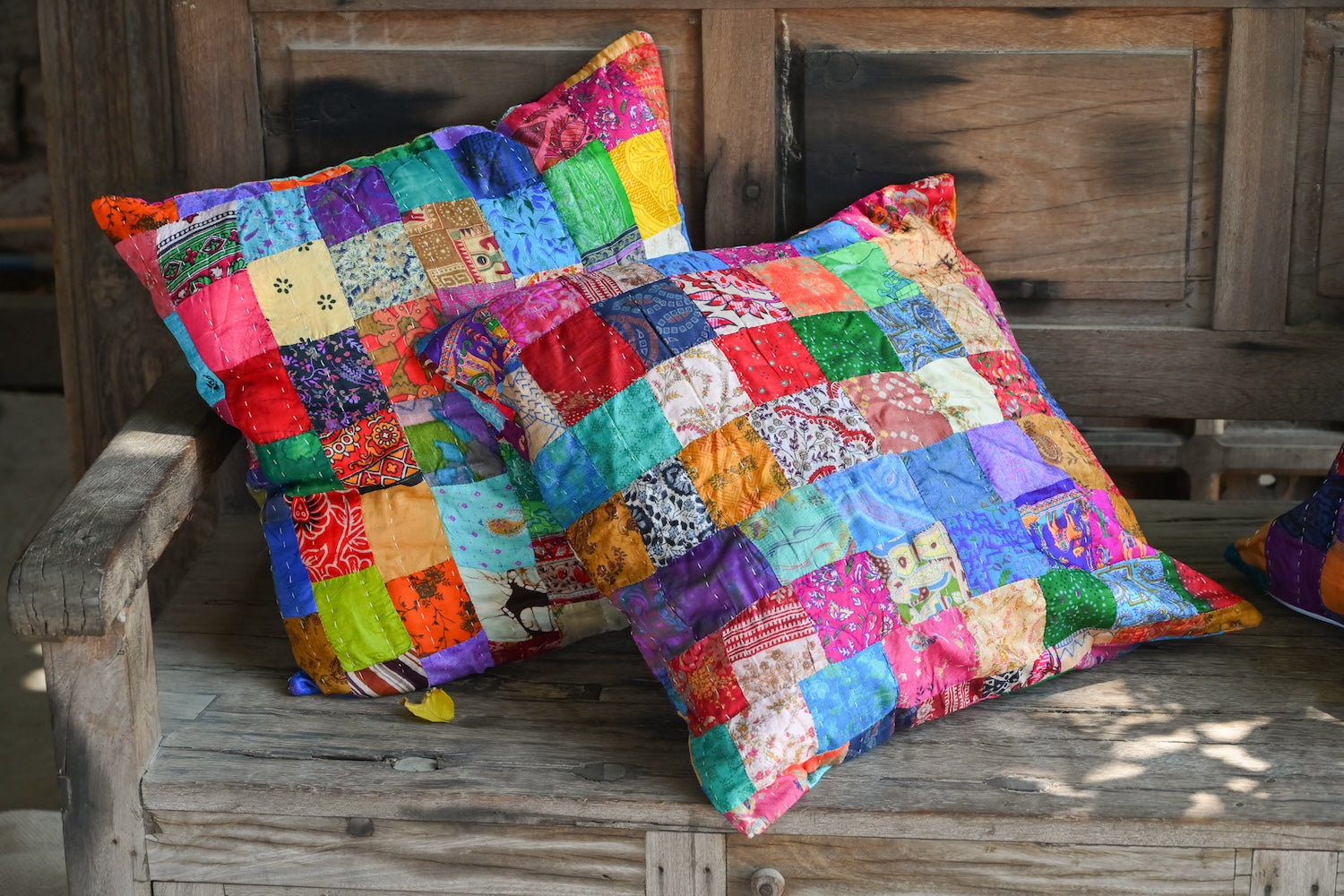 Ekaurr Rangrez Cushion Cover handcrafted 18x18 inch cushion cover with a rich dyer-inspired multicolour design in vibrant Indian textile tones, artisan cushion cover for sofas and heritage-inspired home styling