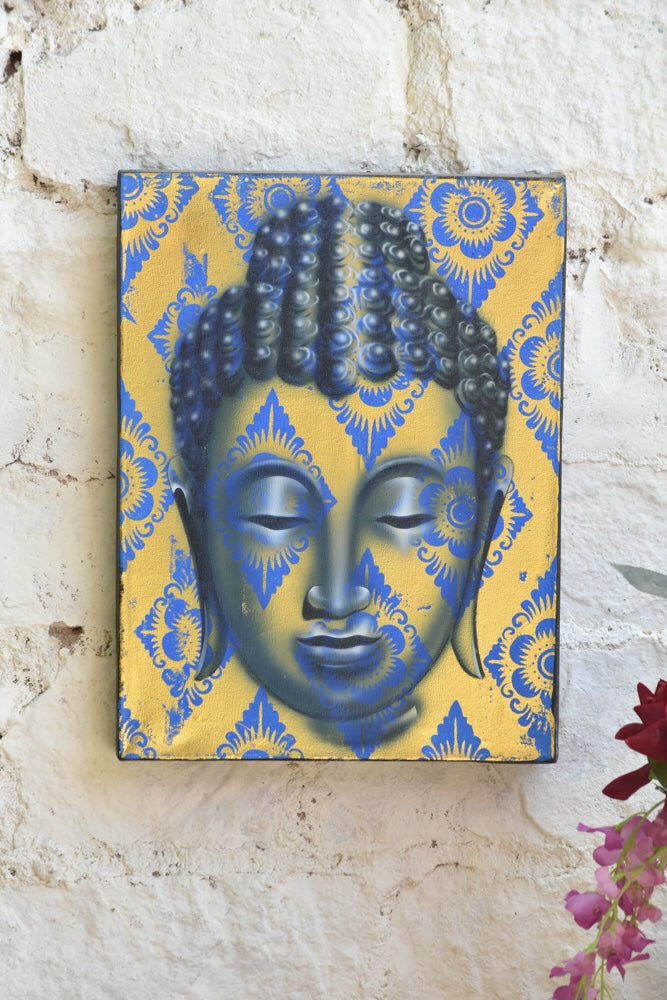 Ekaurr Serenity in Gold Buddha Wall Art original painting or mixed-media artwork of a serene Buddha figure in gold and warm tones, handcrafted spiritual wall art for meditation corners living rooms and sacred home spaces