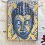 Ekaurr Serenity in Gold Buddha Wall Art original painting or mixed-media artwork of a serene Buddha figure in gold and warm tones, handcrafted spiritual wall art for meditation corners living rooms and sacred home spaces