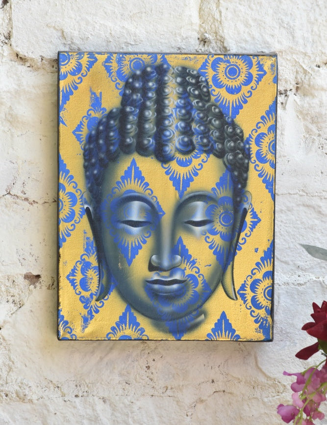 Ekaurr Serenity in Gold Buddha Wall Art original painting or mixed-media artwork of a serene Buddha figure in gold and warm tones, handcrafted spiritual wall art for meditation corners living rooms and sacred home spaces