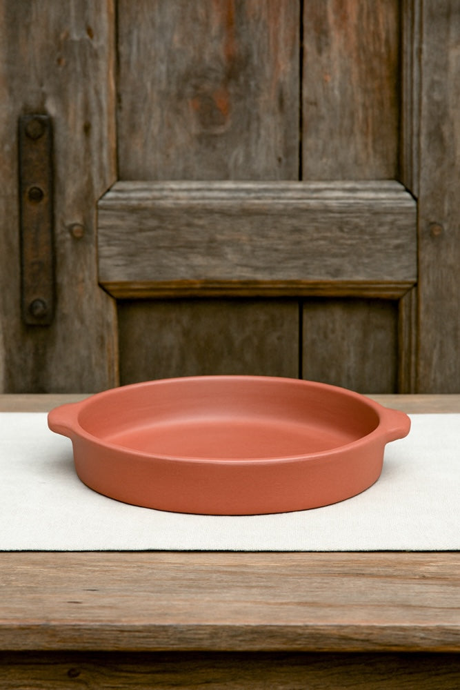 Ekaurr Shallow Handled Terracotta Platter handmade natural clay wide platter with side handles crafted by rural Indian artisans, earthy artisan serving essential for meze antipasti and conscious home dining