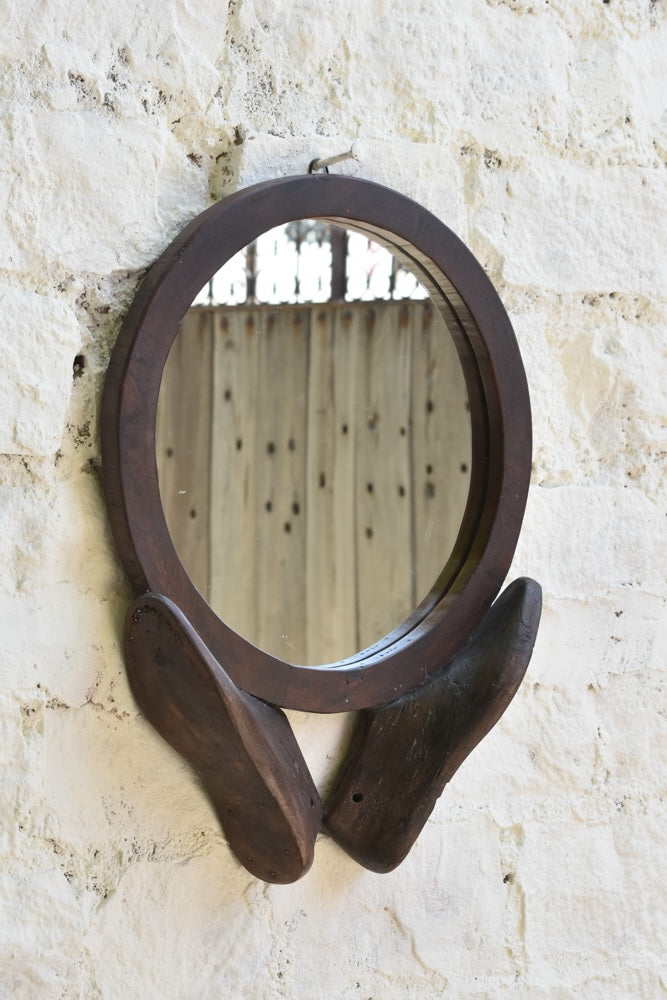Ekaurr Shoe Mould Mirror vintage cobbler shoe last with an inset mirror, upcycled found object artisan wall decor combining functional reflection with eclectic heritage styling