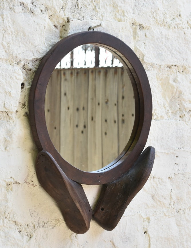 Ekaurr Shoe Mould Mirror vintage cobbler shoe last with an inset mirror, upcycled found object artisan wall decor combining functional reflection with eclectic heritage styling