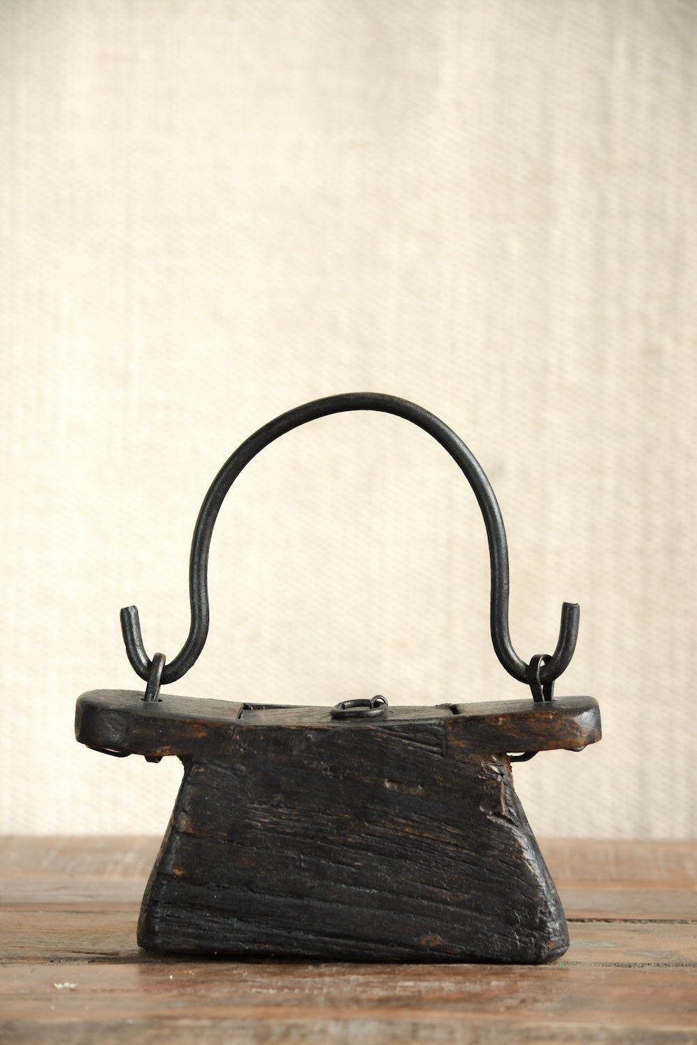 Teliya in Black Finish vintage Indian oil lamp carrier repurposed as a sculptural home decor accent in matte black finish, heritage found object for shelves and modern eclectic interiors