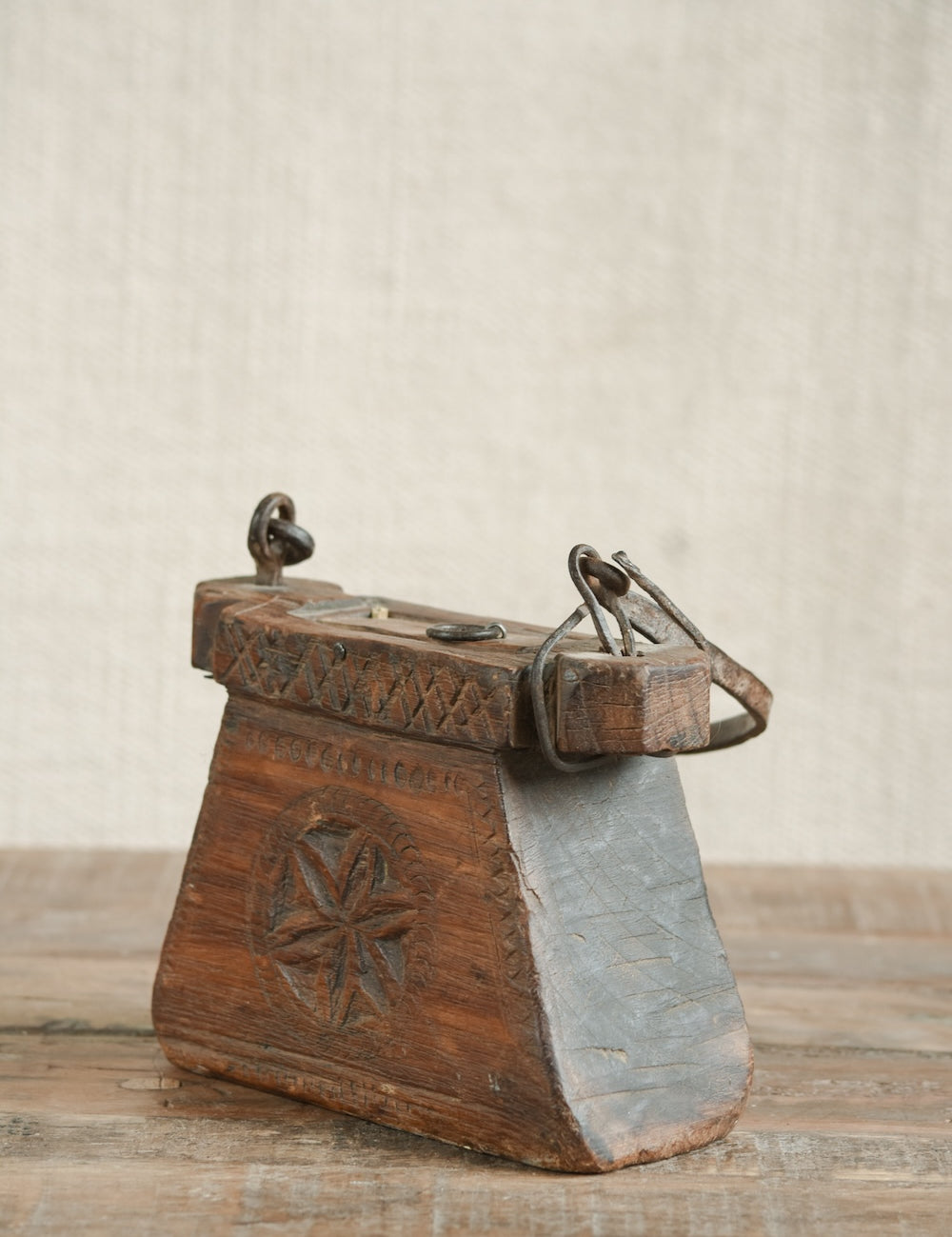 Teliya in Natural Finish vintage Indian oil lamp carrier repurposed as a sculptural home decor accent with natural earthy wood and metal finish, heritage found object for shelves and curated interiors