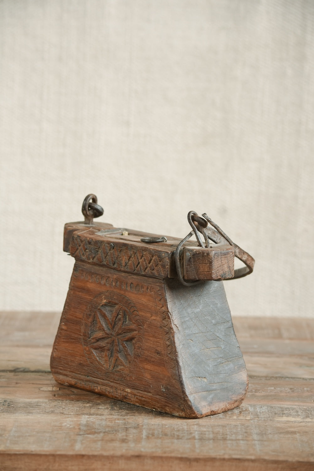 Teliya in Natural Finish vintage Indian oil lamp carrier repurposed as a sculptural home decor accent with natural earthy wood and metal finish, heritage found object for shelves and curated interiors