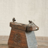 Teliya in Natural Finish vintage Indian oil lamp carrier repurposed as a sculptural home decor accent with natural earthy wood and metal finish, heritage found object for shelves and curated interiors