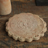 Ekaurr Terracotta Flower Design Riser handcrafted clay display stand with raised floral motif surface carving, earthy artisan pedestal for small sculptures candles or home decor accents