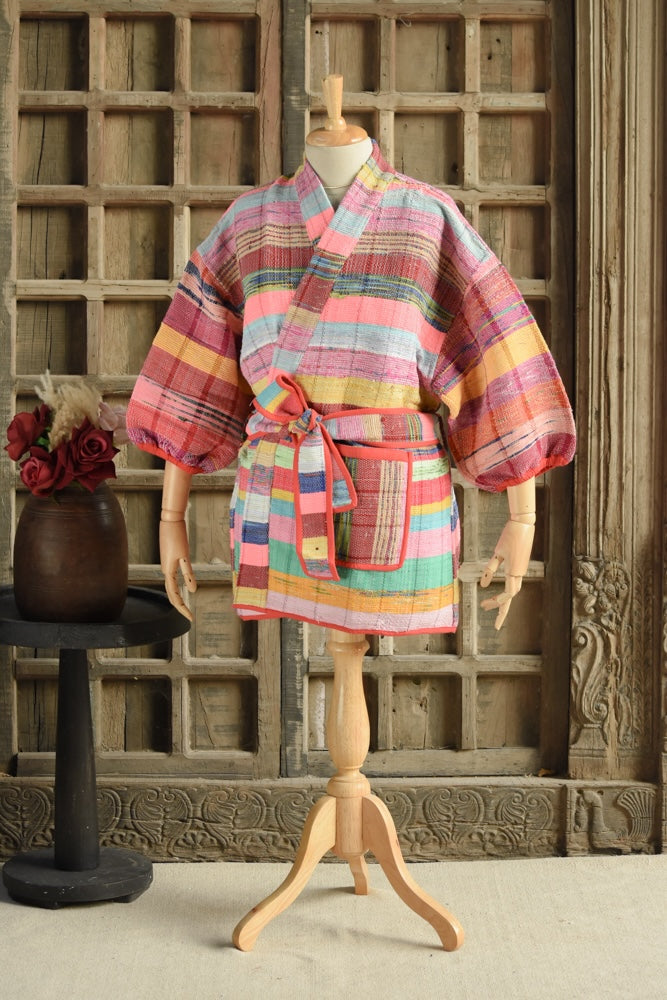 Ekaurr BIGDI The Chromatic Kantha Robe cotton open robe in a full-spectrum chromatic kantha stitch patchwork of layered folk fabric panels, artisan slow fashion layering piece for women from the BIGDI collection