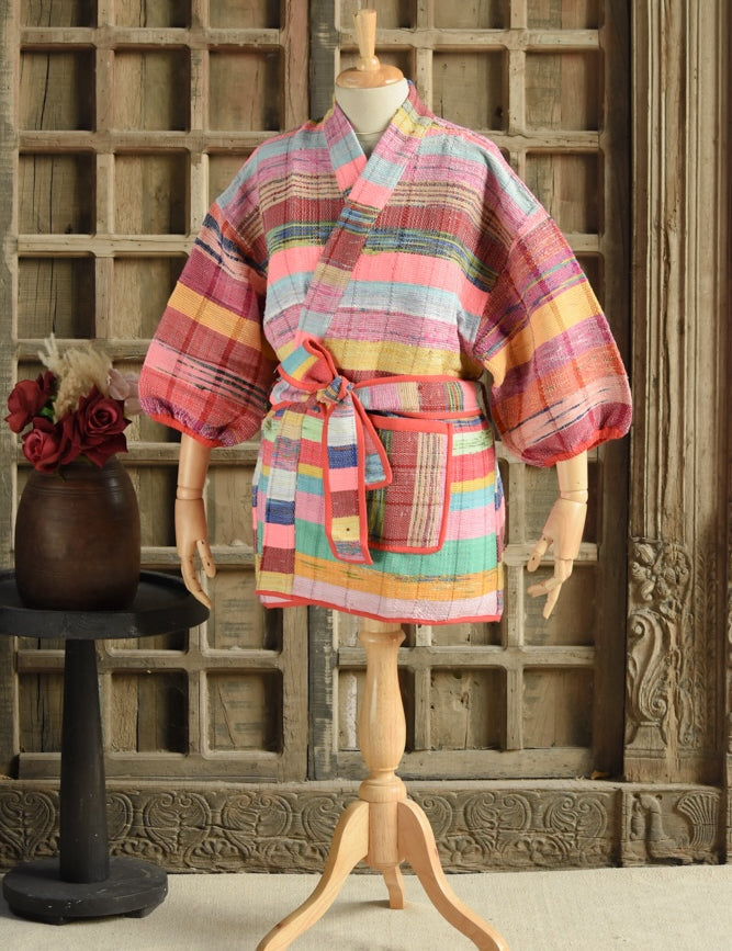 Ekaurr BIGDI The Chromatic Kantha Robe cotton open robe in a full-spectrum chromatic kantha stitch patchwork of layered folk fabric panels, artisan slow fashion layering piece for women from the BIGDI collection