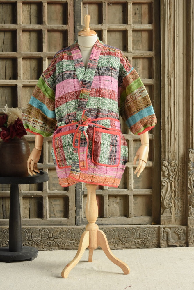 Ekaurr BIGDI The Colour Mosaic Robe cotton open robe in a bold mosaic of multicolour patchwork or kantha panels, artisan slow fashion layering piece for women from the BIGDI Blazers Coats and Robes collection