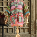 Ekaurr BIGDI The Colour Mosaic Robe cotton open robe in a bold mosaic of multicolour patchwork or kantha panels, artisan slow fashion layering piece for women from the BIGDI Blazers Coats and Robes collection