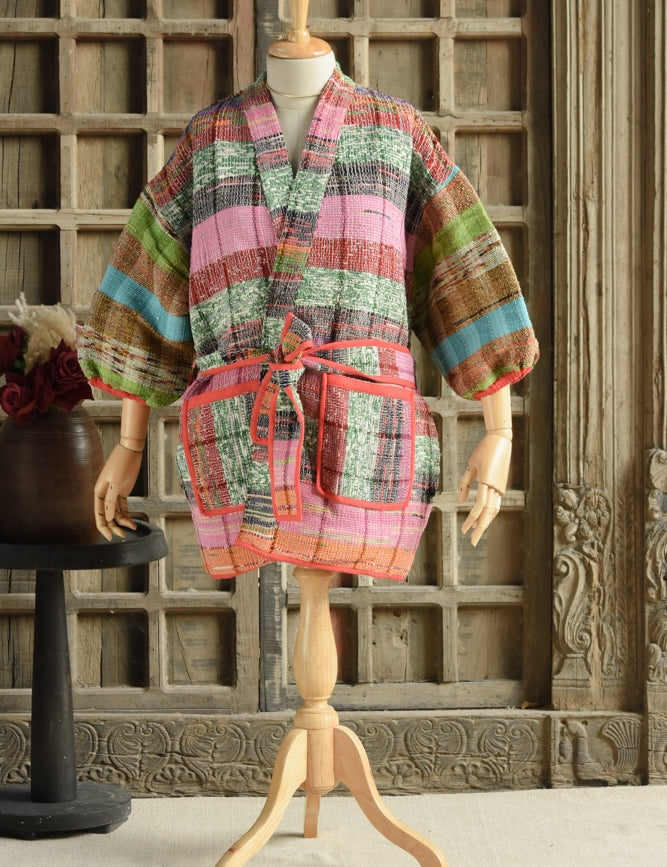 Ekaurr BIGDI The Colour Mosaic Robe cotton open robe in a bold mosaic of multicolour patchwork or kantha panels, artisan slow fashion layering piece for women from the BIGDI Blazers Coats and Robes collection