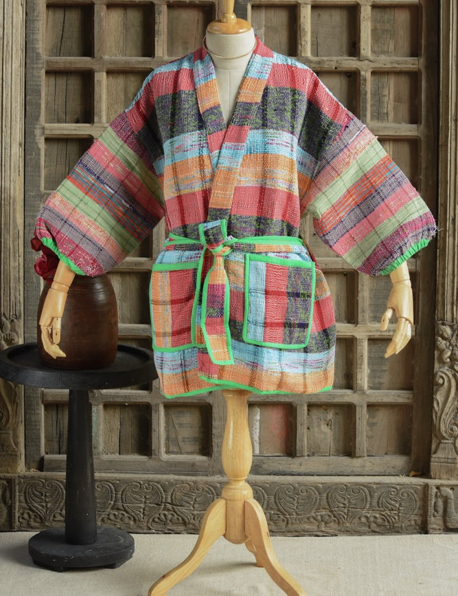 Ekaurr BIGDI The Handwoven Saga Robe cotton open robe with a richly handwoven or woven-textile surface celebrating the saga of Indian handloom craft, artisan slow fashion layering piece for women from the BIGDI collection