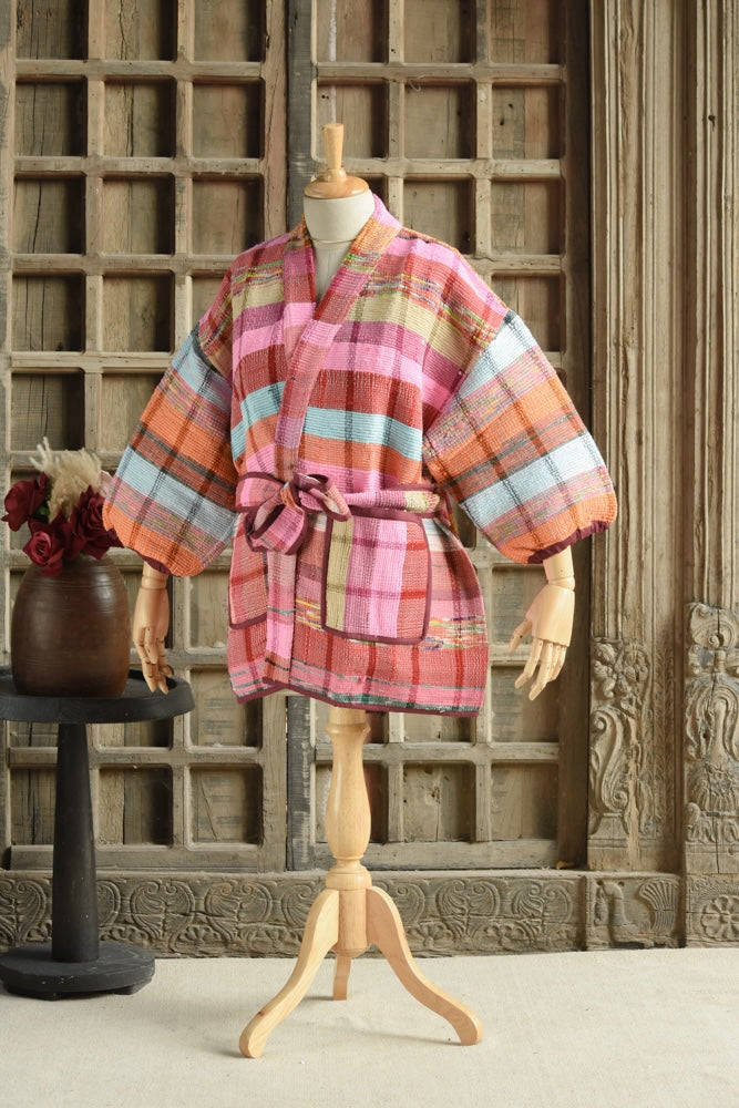Ekaurr BIGDI The Kaleido Kantha Robe cotton open robe in a kaleidoscopic kantha stitch patchwork of jewel-toned folk fabric panels, artisan slow fashion layering piece for women from the BIGDI Blazers Coats and Robes collection