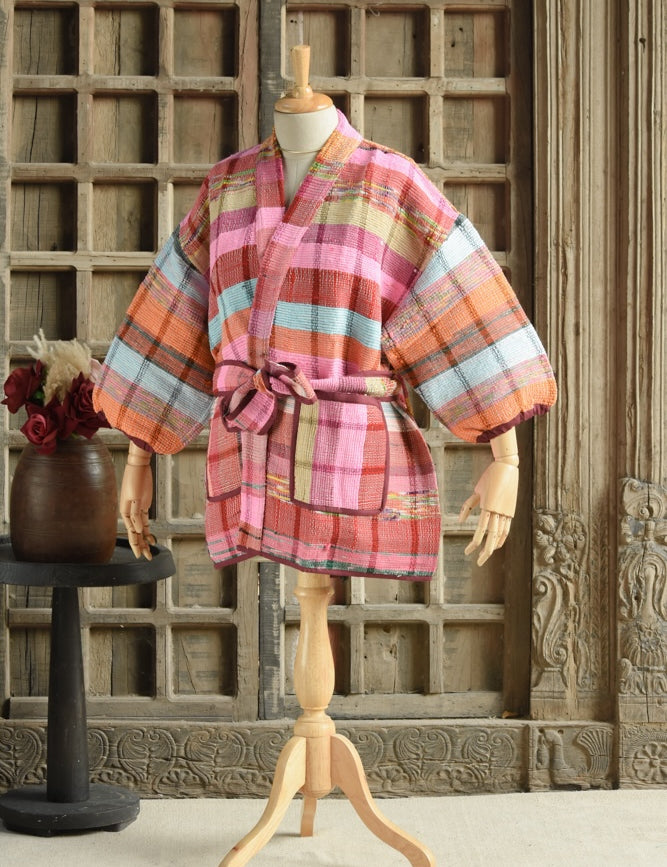 Ekaurr BIGDI The Kaleido Kantha Robe cotton open robe in a kaleidoscopic kantha stitch patchwork of jewel-toned folk fabric panels, artisan slow fashion layering piece for women from the BIGDI Blazers Coats and Robes collection