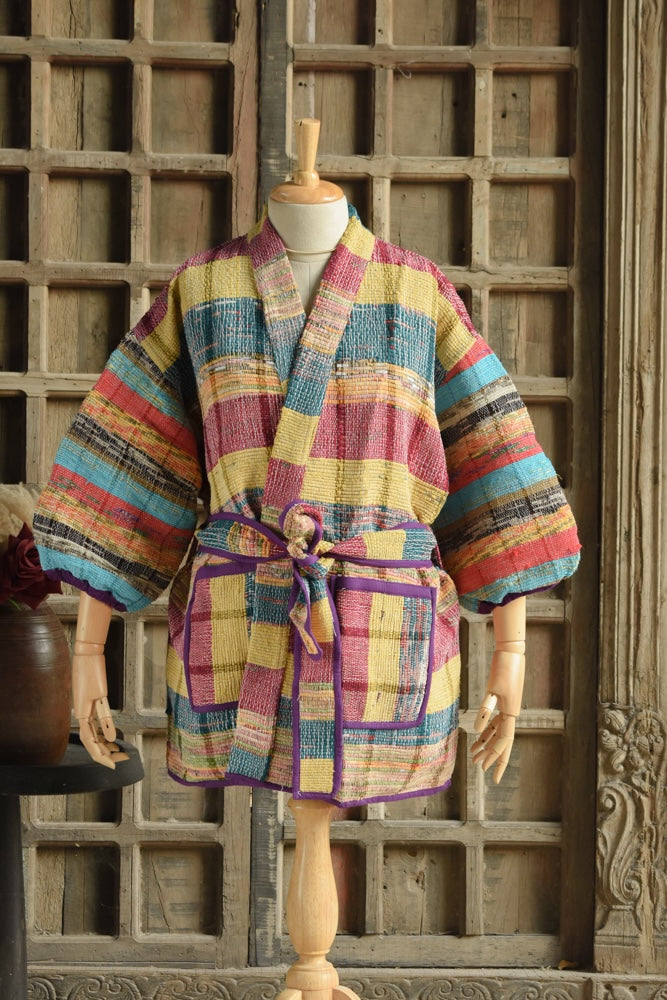 Ekaurr BIGDI The Prism Robe cotton open robe with a prismatic spectrum of colour panels in a flowing relaxed drape, artisan slow fashion layering piece for women from the BIGDI Blazers Coats and Robes collection