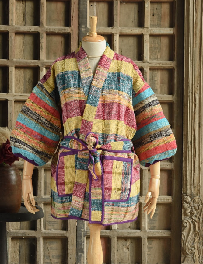 Ekaurr BIGDI The Prism Robe cotton open robe with a prismatic spectrum of colour panels in a flowing relaxed drape, artisan slow fashion layering piece for women from the BIGDI Blazers Coats and Robes collection