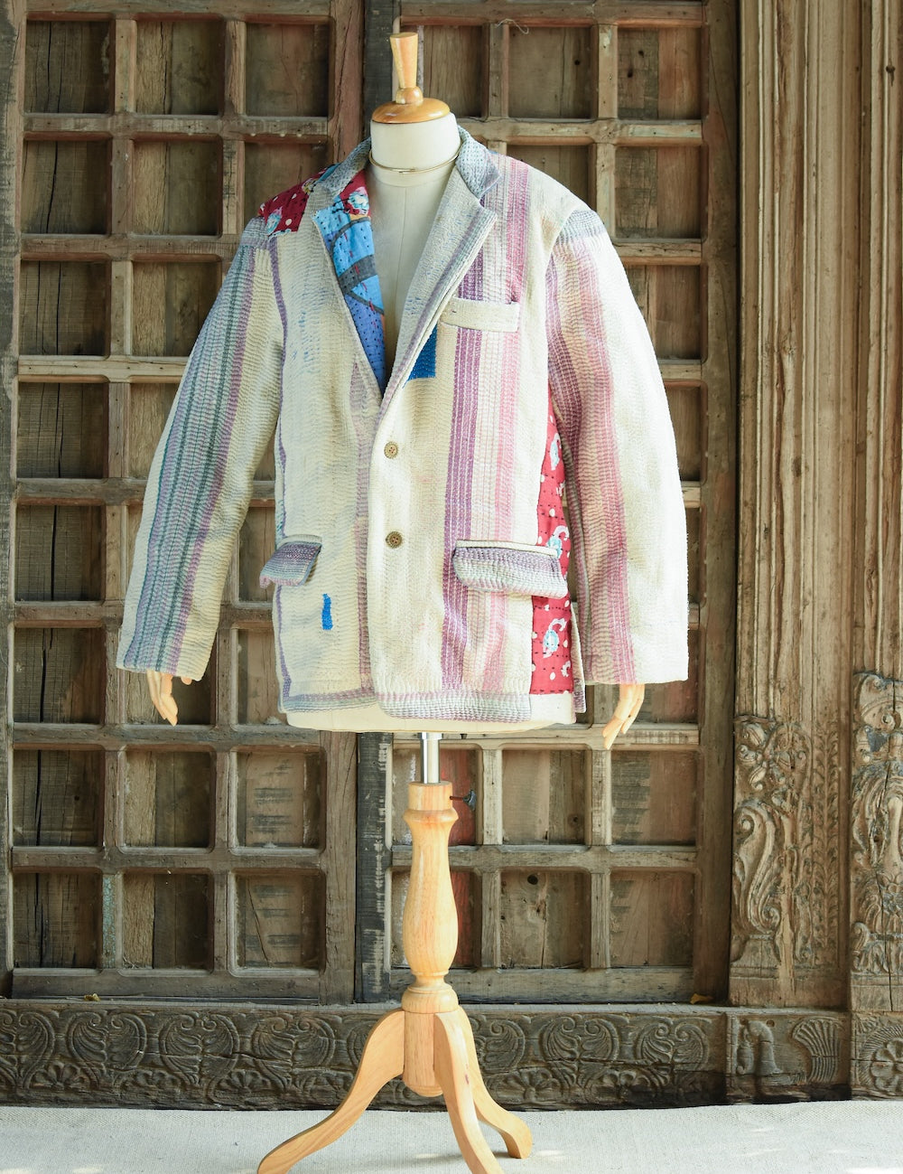 Ekaurr BIGDI The Second Life Stitch Blazer handcrafted blazer constructed from upcycled fabrics given a second life through kantha or patchwork stitching, artisan slow fashion statement outerwear for conscious women's styling