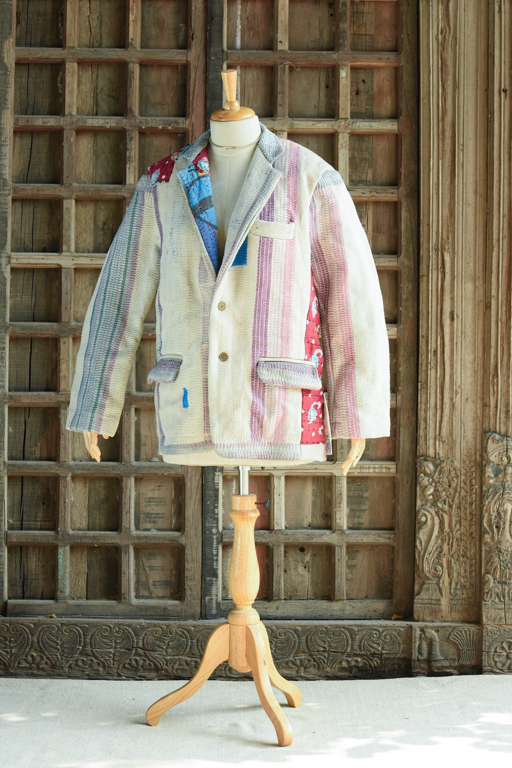 Ekaurr BIGDI The Second Life Stitch Blazer handcrafted blazer constructed from upcycled fabrics given a second life through kantha or patchwork stitching, artisan slow fashion statement outerwear for conscious women's styling