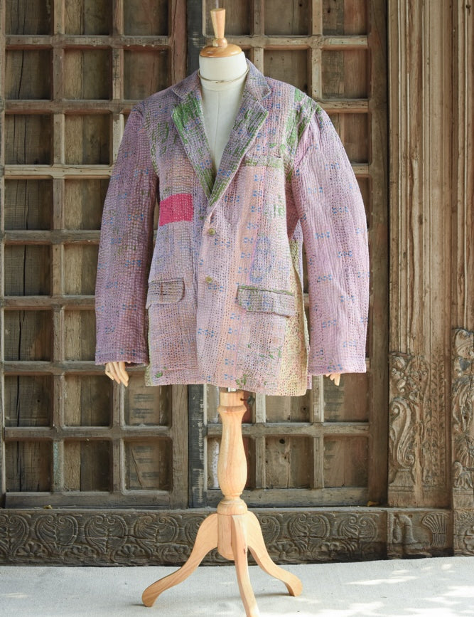 Ekaurr BIGDI The Slow Stitch Blazer handcrafted blazer celebrating visible hand-stitching in the slow fashion tradition with a folk kantha or embroidered surface, artisan conscious outerwear for women from the BIGDI collection