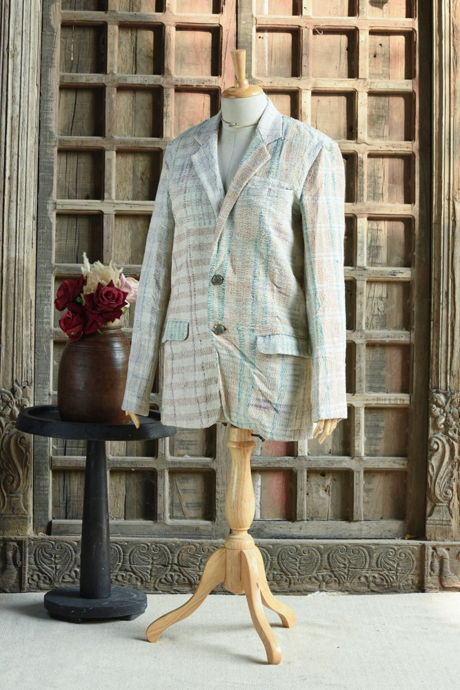 Ekaurr BIGDI The Threaded Stories Blazer handcrafted blazer with a kantha or layered thread narrative surface in multicolour folk textile panels, artisan slow fashion statement outerwear for women from the BIGDI collection