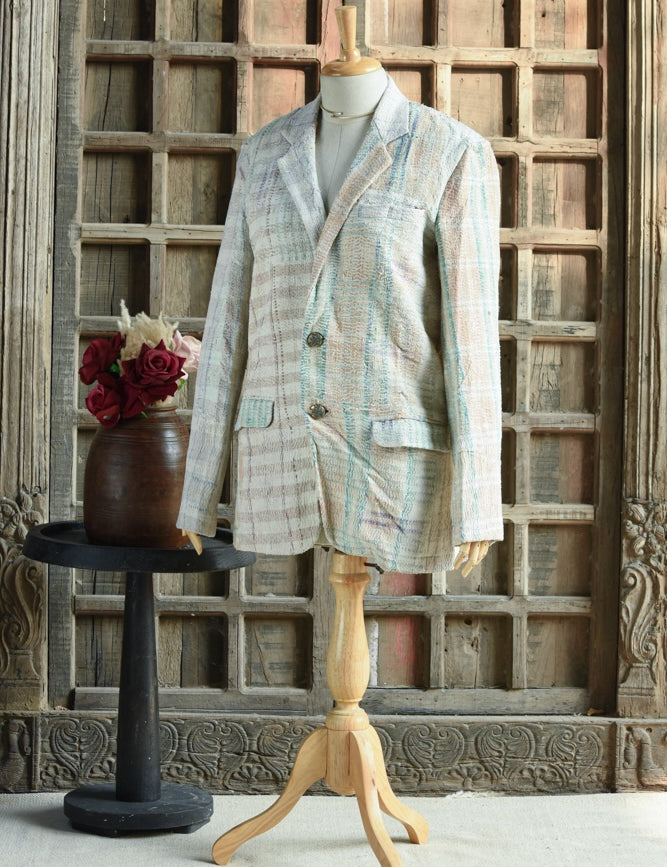 Ekaurr BIGDI The Threaded Stories Blazer handcrafted blazer with a kantha or layered thread narrative surface in multicolour folk textile panels, artisan slow fashion statement outerwear for women from the BIGDI collection