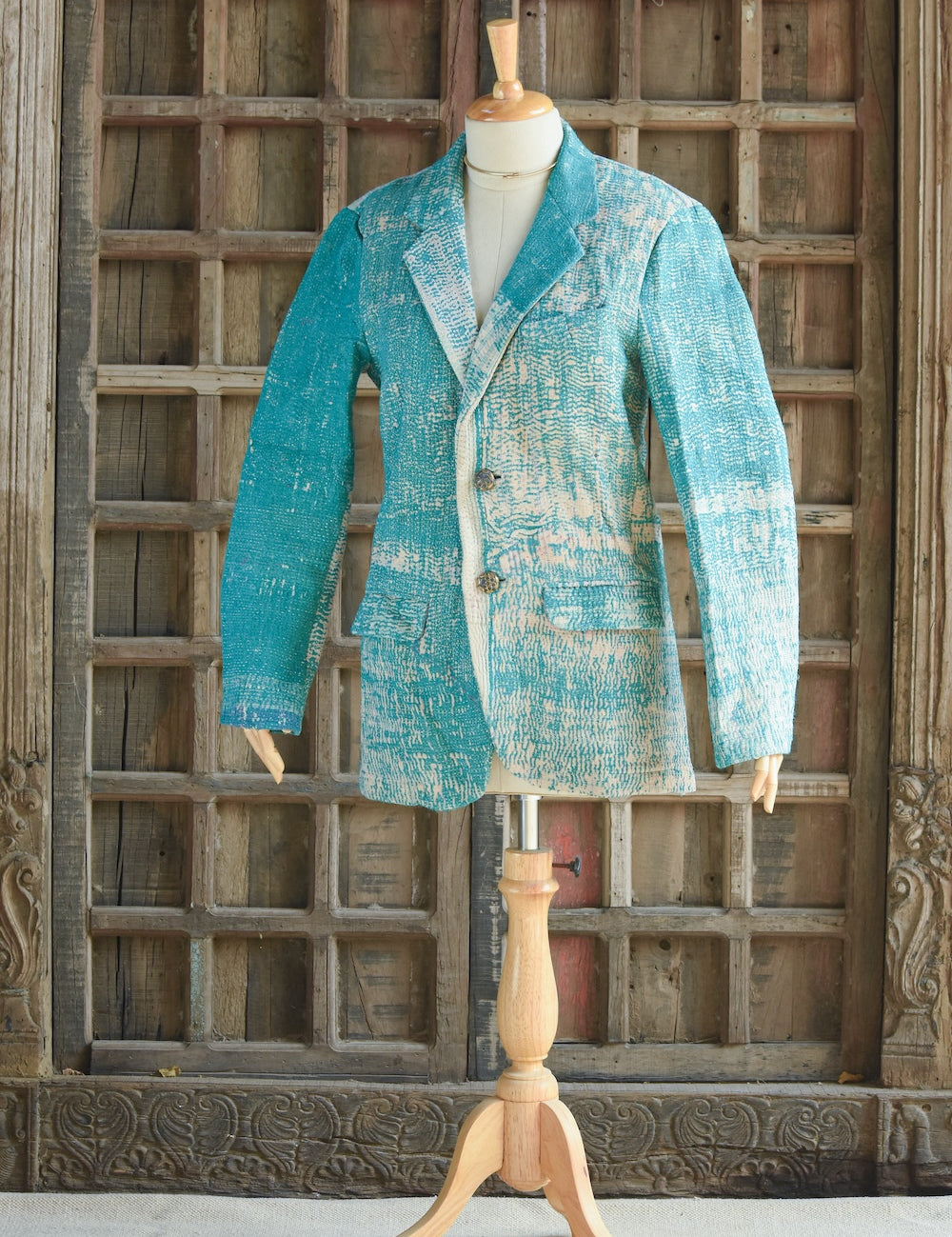 Ekaurr BIGDI The Tidal Aqua Blazer cotton quilted blazer in ocean-inspired tidal aqua tones with a fluid structured form, artisan slow fashion outerwear for women from the BIGDI Blazers Coats and Robes collection