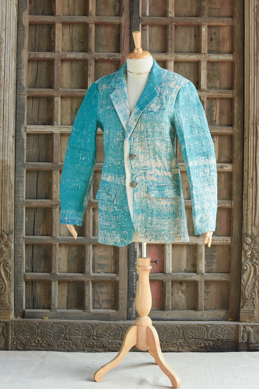 Ekaurr BIGDI The Tidal Aqua Blazer cotton quilted blazer in ocean-inspired tidal aqua tones with a fluid structured form, artisan slow fashion outerwear for women from the BIGDI Blazers Coats and Robes collection