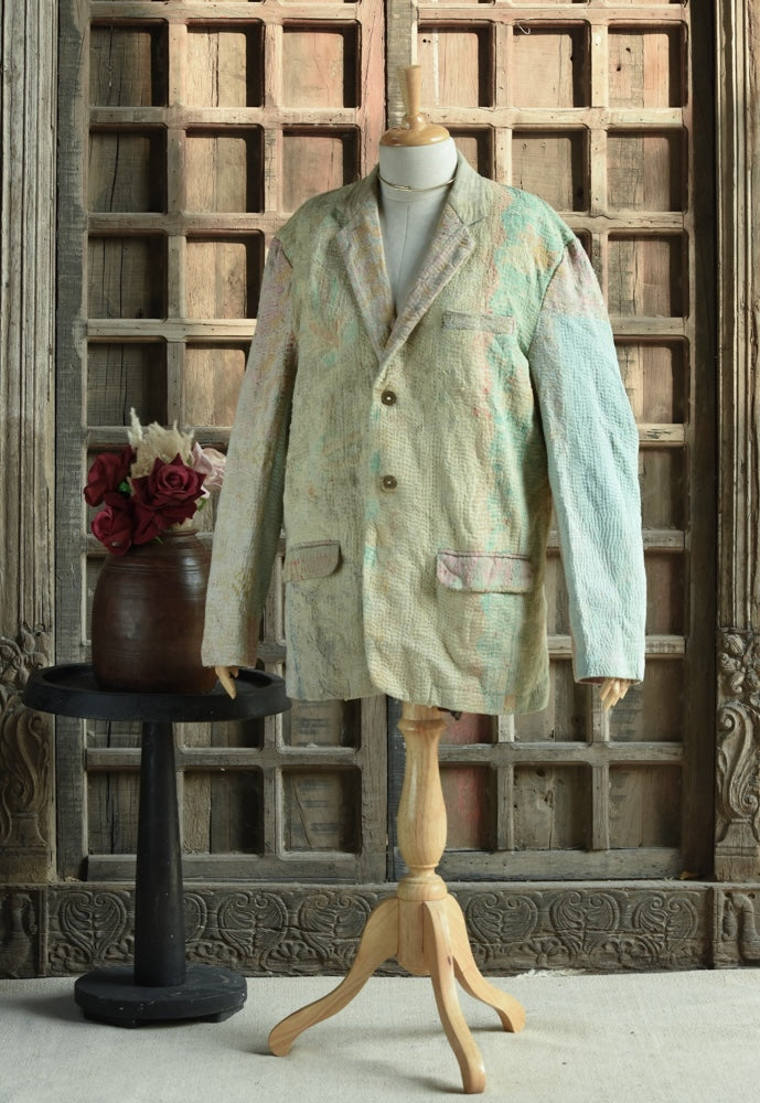 Ekaurr BIGDI The Upcycled Legacy Blazer handcrafted from upcycled heritage textiles with a legacy patchwork or kantha stitch surface, artisan slow fashion statement outerwear for women celebrating conscious Indian craft