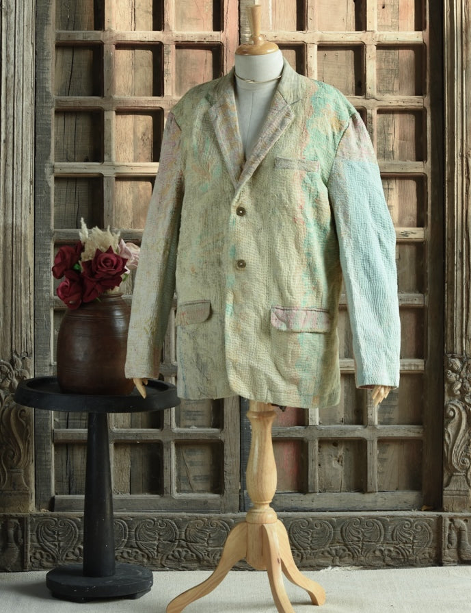 Ekaurr BIGDI The Upcycled Legacy Blazer handcrafted from upcycled heritage textiles with a legacy patchwork or kantha stitch surface, artisan slow fashion statement outerwear for women celebrating conscious Indian craft