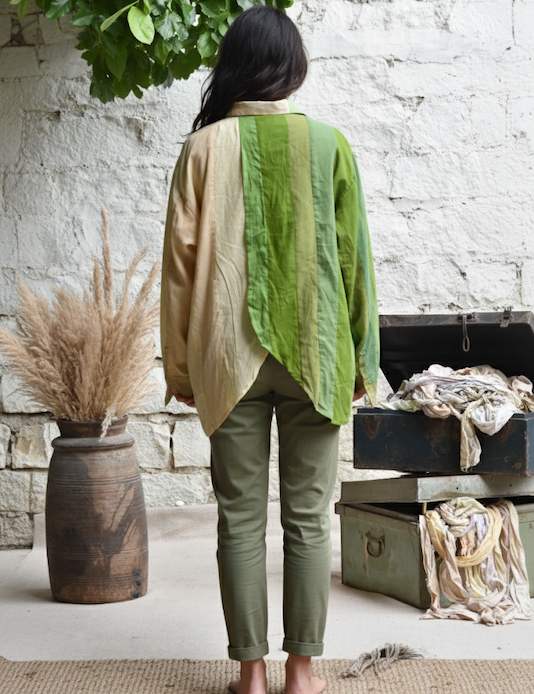 Ekaurr Verdant Divide Shirt handcrafted artisan shirt in botanical green with a divided colour-block or print composition, slow fashion wearable for conscious women's everyday styling