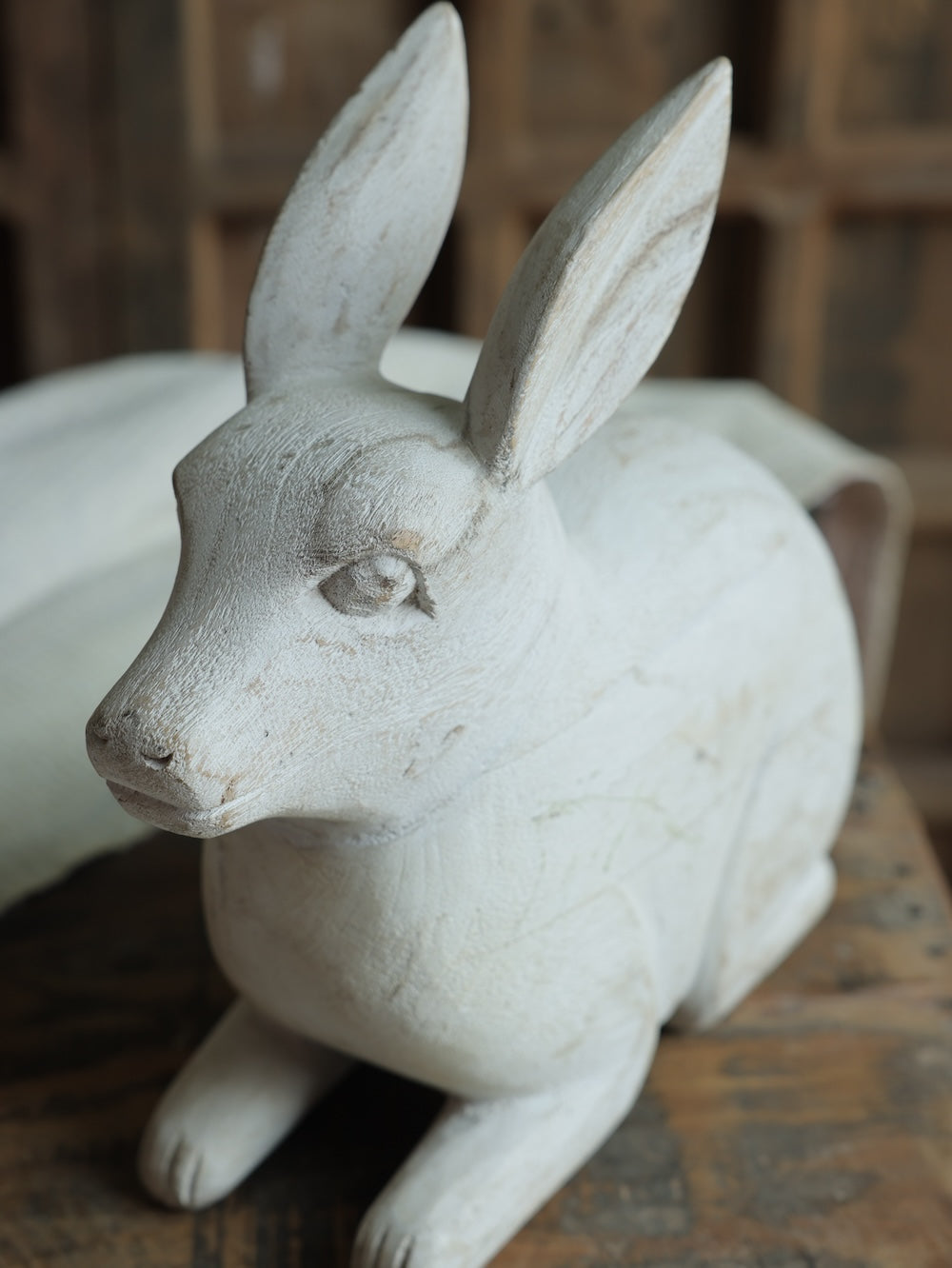Ekaurr Whitewashed Wooden Rabbit handcrafted reclaimed wood rabbit figurine with a soft whitewashed finish, rustic artisan animal home decor for shelves gifting and seasonal styling