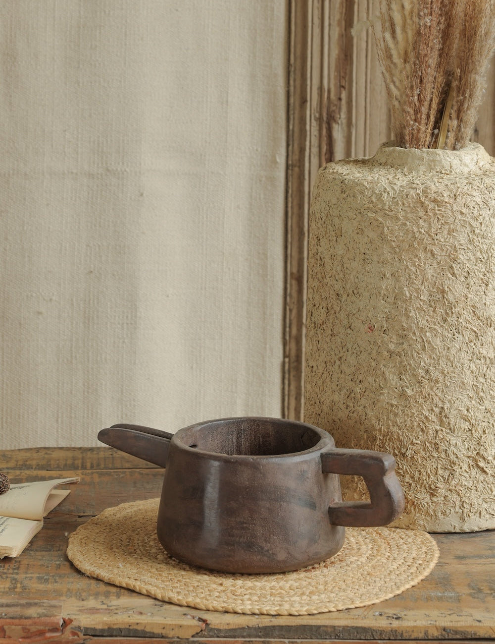 Ekaurr Wooden Milk Pot vintage reclaimed wood milk container repurposed as a rustic artisan decorative accent, found object home decor with heritage charm for shelves and consoles