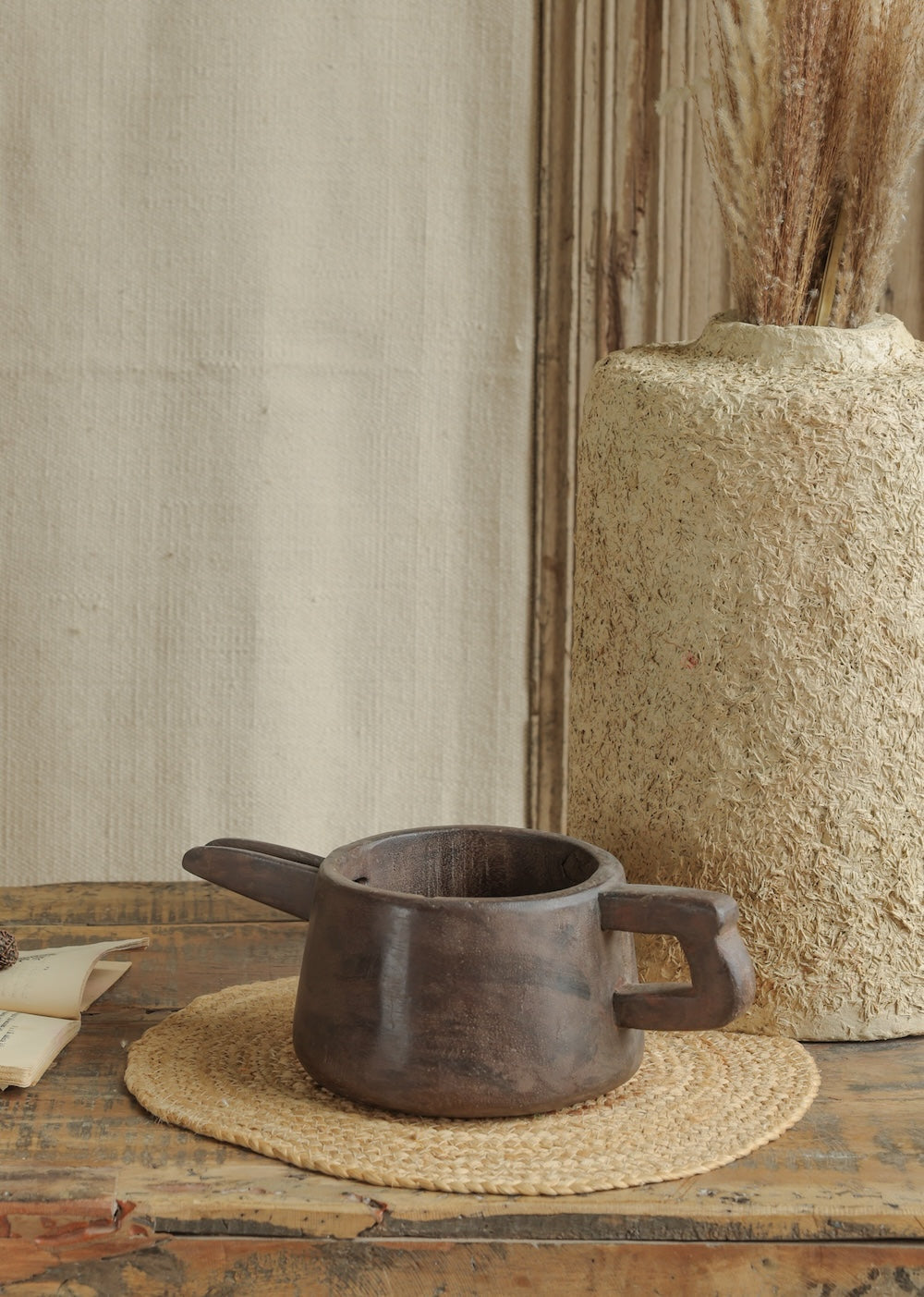 Ekaurr Wooden Milk Pot vintage reclaimed wood milk container repurposed as a rustic artisan decorative accent, found object home decor with heritage charm for shelves and consoles